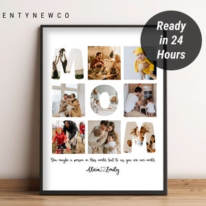 May include: A black framed photo collage with the word "MOM" spelled out using family photos. The photos show a family of four, including a couple and two children. The text below the photos reads "You maybe a person in this world but to us you are our world Alicia Emily".