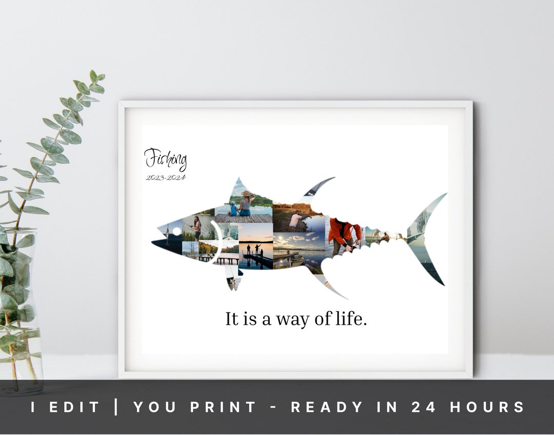 Tuna Fish Photo Collage Fishermen Dad Custom Gift Fish Shape Wall Art ...