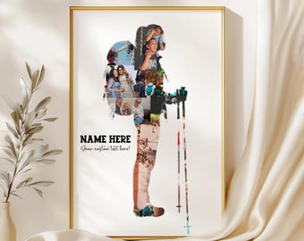 Custom Female Hiker Photo Collage, Hiking Lover Gift, Personalised Trekking Wall Art, Adventure Photo Keepsake, Outdoor Explorer Silhouette