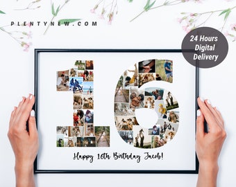 Personalised 16th Birthday Photo Collage, Sweet Sixteen Gift, Digital Template, Custom Photo Keepsake for Teens, 16th Anniversary Gift