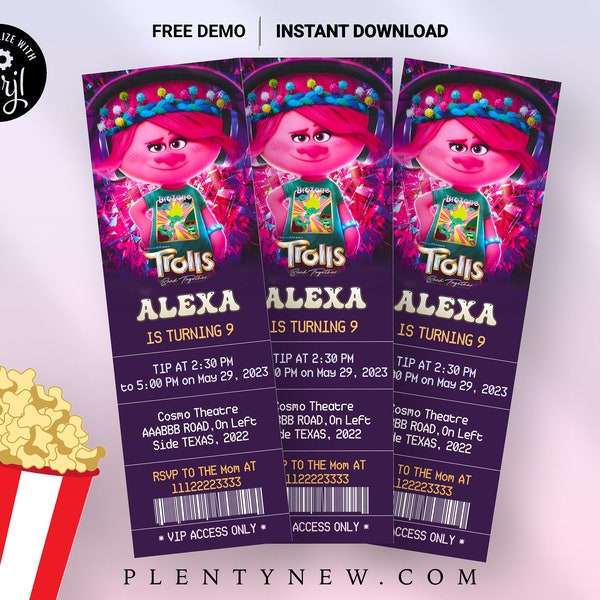 Trolls Band Together Birthday Invitation Movie Pass Girl Party Digital EDITABLE Trolls Band Together Invitation  Trolls Movie Ticket Invite