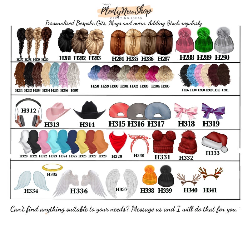 May include: A chart of 41 different hair and hat designs. The designs include a variety of hairstyles, hats, and accessories. The designs are labeled with numbers from H277 to H341.