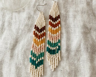 Muted Rainbow Chevron Beaded Fringe Earrings – Bohemian Style