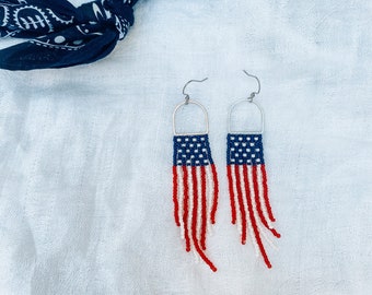 American Flag Beaded Fringe Earrings | Patriotic 4th of July