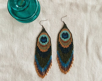 Peacock Feathers Beaded Long fringe earrings | bold statement pieces | Greens and blues | Elegant and fun | great gifts for artists!