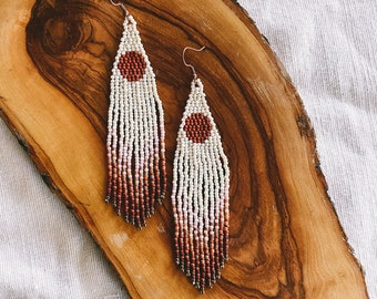 Beaded Fringe Earrings | Round Sun Design, Rust Pink Bronze