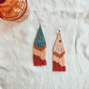 Moon and Sun Beaded Statement Earrings Fringe Macrame inspired Boho Gifts for Artists Nature earrings Mountainscape image 1