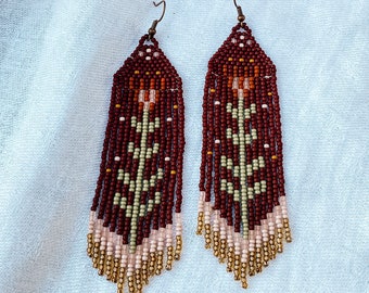 Handmade Beaded Fringe Earrings | Burgundy Floral, Made in USA