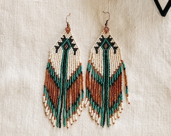 Aqua Beaded Fringe Earrings – Long Dangle, Bohemian Western Style