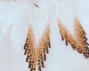 Boho Beaded Fringe Earrings, Blush Bronze Seed Bead Dangles