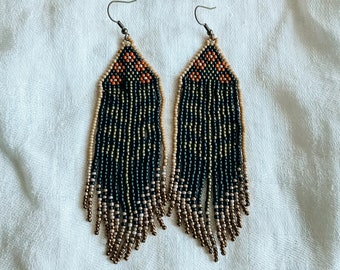 Folk Floral Fringe Earrings: Rust, Black Czech Seed Bead Dangles