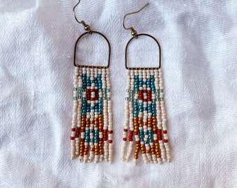 Quilt Square Beaded Fringe Earrings – Dakota Pattern, Bohemian Style