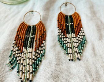 Native Beaded Earrings - Long Fringe dangle earrings - Jewelry gift - Bohemian earrings - Western Wear - Anthropologie Style