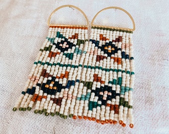 Quilt Squares Beaded Fringe Earrings – Bohemian Western Style