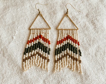 Fall Chevron Beaded Earrings - Burnt orange, Hunter Green, gold tones