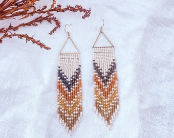 Handwoven Chevron Seed Bead Earrings | Autumn Fringe Jewelry