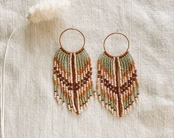Beaded Fringe Earrings | Boho Ring Stud, Mint Green & Pink