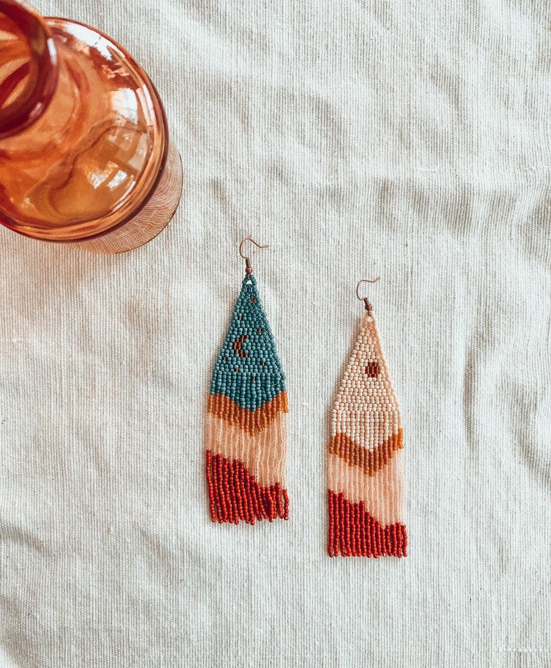 Moon and Sun Beaded Statement Earrings Fringe Macrame inspired Boho Gifts for Artists Nature earrings Mountainscape image 1