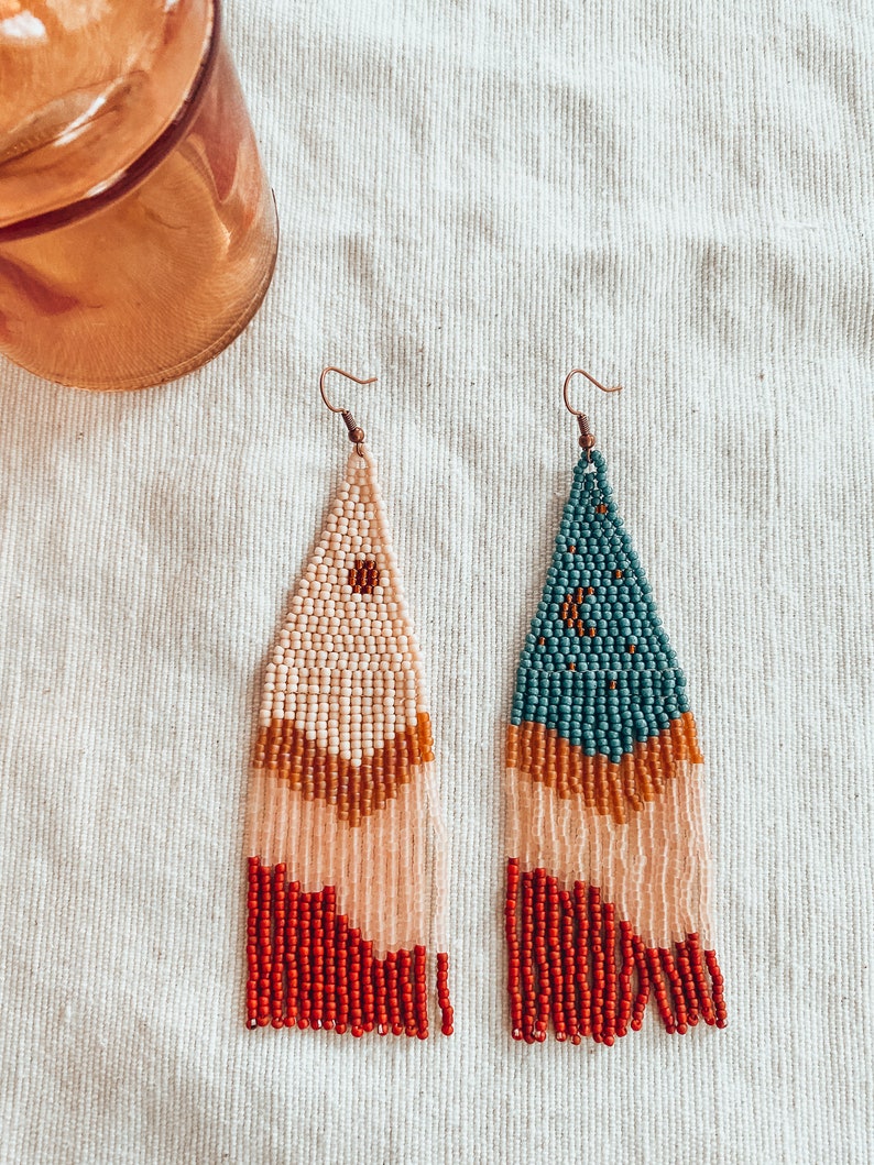 Moon and Sun Beaded Statement Earrings Fringe Macrame inspired Boho Gifts for Artists Nature earrings Mountainscape image 2