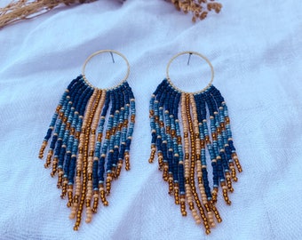 Denim Cowgirl Seed Bead Fringe Earrings – Western Statement Jewelry