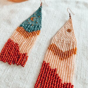 Moon and Sun Beaded Statement Earrings Fringe Macrame inspired Boho Gifts for Artists Nature earrings Mountainscape image 3