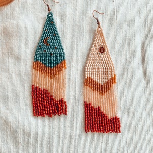 Moon and Sun Beaded Statement Earrings Fringe Macrame inspired Boho Gifts for Artists Nature earrings Mountainscape image 4