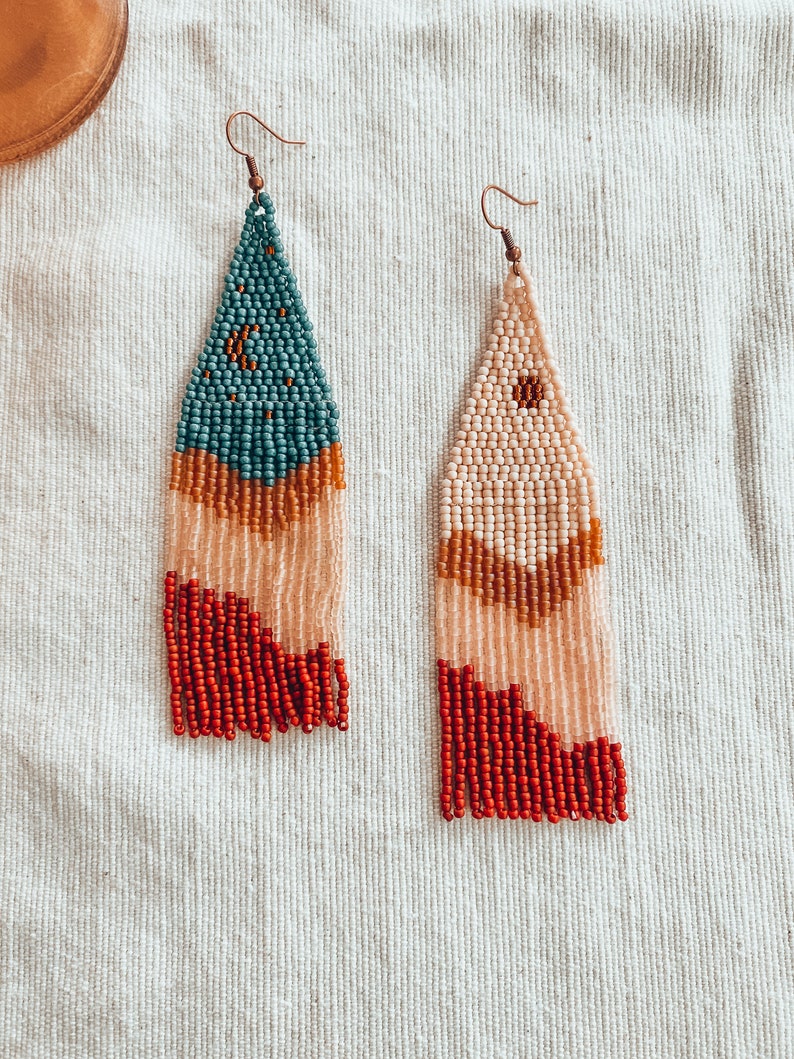 Moon and Sun Beaded Statement Earrings Fringe Macrame inspired Boho Gifts for Artists Nature earrings Mountainscape image 4