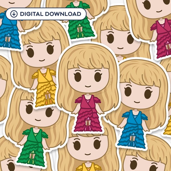 Süßes Chibi Taylor Surprise Song Kleid, Tour-Outfit, Popstar, Konzertkünstler, druckbare Aufkleber, sofortiger digitaler Download, Print zu Hause