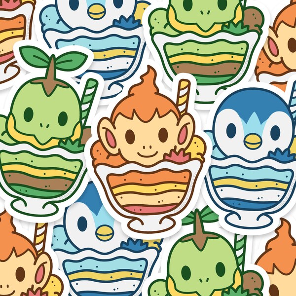 Generation 4 Starter Sticker Set (Grass Turtle, Fire Chimp, Sea Penguin), Cute Animal Parfait Vinyl Sticker, Kawaii Food, Die Cut, Anime