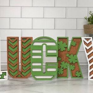 Lucky St. Patrick's Day Decor - Wooden St. Patrick's Day Tiered Tray Decor - Clover Letters