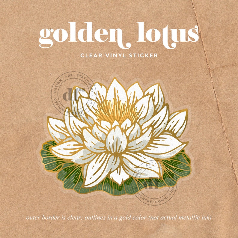 GOLDEN LOTUS Clear Vinyl Sticker Lotus Sticker, Waterproof Vinyl Sticker image 2