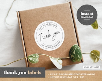 THANK YOU 1.5" & 2" LABELS | Thank You For Supporting My Small Business, Instant Digital Download, Printable Labels, Round Avery Labels