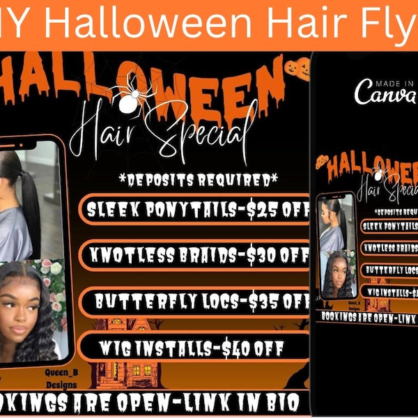 Halloween Hair Special | Bookings Open | Hair Stylist | Halloween Sale | Appointments Flyer | Editable template | Social Media | Canva Flyer