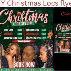 May include: A flyer advertising Christmas locs specials. The flyer features a green and red background with a gingerbread man and a photo of four women with different loc styles. The flyer lists the prices for faux locs, soft locs, butterfly locs, invisible locs, goddess locs, and distressed locs. The flyer also includes the text "Christmas Locs Special" and "Book Now".
