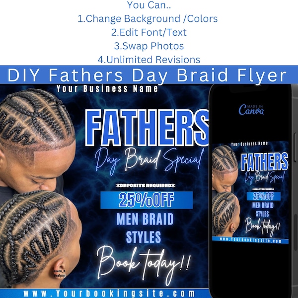 Father’s Day Braid Special Sale Flyer | Mens Braid Flyer | DIY| Book Now | Hair Braider | Social Media| Editable Template| Instagram | Canva