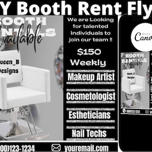 Booth Rental Flyer | Booths For Rent | Salon Booth Rent | We are Hiring | Editable template | Hair Stylist | MUA | nail tech | Canva flyer