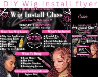 Wig Class Flyer | Hair Course | Wig Install | Masterclass | Booking flyer | Registration | DIY| Hair Stylist| MUA| Editable| Instagram|Canva