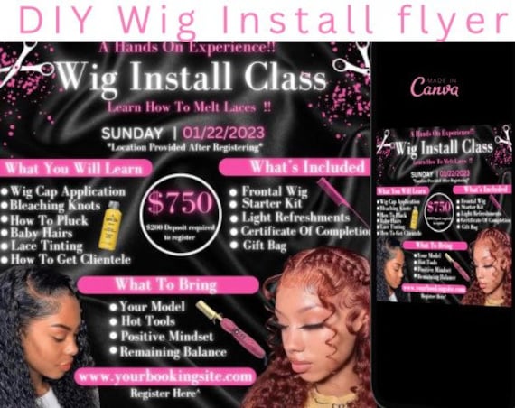 Wig Class Flyer Hair Course Wig Install Masterclass Booking Flyer  Registration DIY Hair Stylist MUA Editable Instagramcanva 