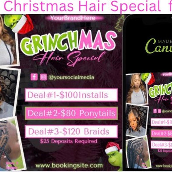 Christmas Hair Special Flyer | December Booking | Holiday Sale | Price Flyer |Book Now | Editable Template | Instagram |Canva | Hairstylist