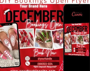 DIY December Bookings Open flyer | Nail | lash | Hair | Christmas Sale Flyer| Makeup | Appointments | Canva | Instagram | Social Media flyer