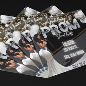 May include: A black and silver invitation with a silver glitter background. The invitation says "Ashley's Prom Send Off" with a silver glitter background. The invitation also includes the date, time, and location of the event.
