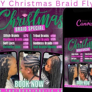 Braid Special flyer | Braiding Sale | Price List | Christmas | Book Now | Hair Braider | knotless braids | locs | Instagram | Canva flyer