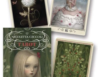 May include: A tarot deck featuring illustrations by Nicoletta Ceccoli. The deck includes three tarot cards with whimsical artwork of figures and creatures, and a book with the title "Tarot" and the artist's name. The cards have a cream border.