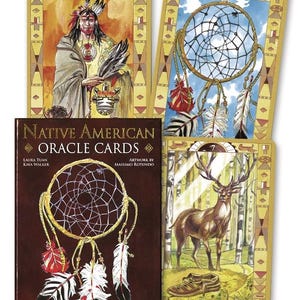 May include: A Native American Oracle Cards deck featuring four cards and a book. The cards depict Native American imagery, including a Native American man, a dreamcatcher, and a deer. The book cover displays a dreamcatcher design.