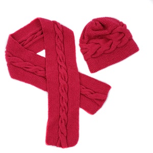 Rose Red Cable Knit Hat and Scarf Pair, Wool Mohair and Silk Blend