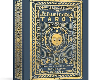 May include: A navy blue tarot card box with gold foil accents. The box features the text "The Illuminated Tarot" and "53 Cards for Divination & Gameplay" with an illustration of a sun and other symbols. The author's name, Caitlin Keegan, is also printed on the box.