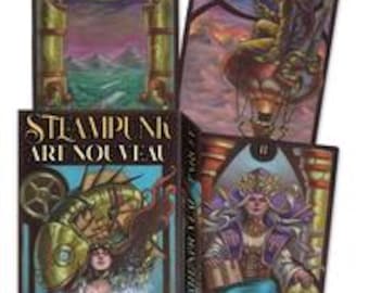 May include: A tarot card deck titled "Steampunk Art Nouveau Tarot" with four visible cards. The cards feature detailed illustrations with a steampunk aesthetic, including gears, airships, and stylized figures in shades of gold, blue, and purple. The deck box is also visible.