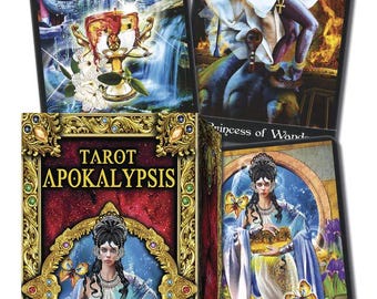 May include: A tarot card deck titled "Tarot Apokalypsis" with vibrant artwork. The box features a central image of a woman and ornate gold framing. Individual cards depict detailed illustrations of figures and symbols, with text including "Princess of Wand" and "The All Gifted".