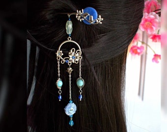 Silver Birds with Blue Moon Hair Stick