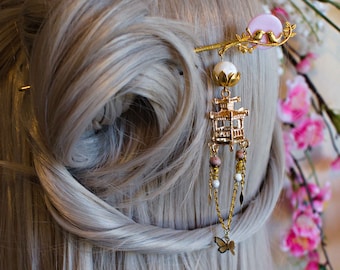 Gold Birds with Pink Moon Hair Stick